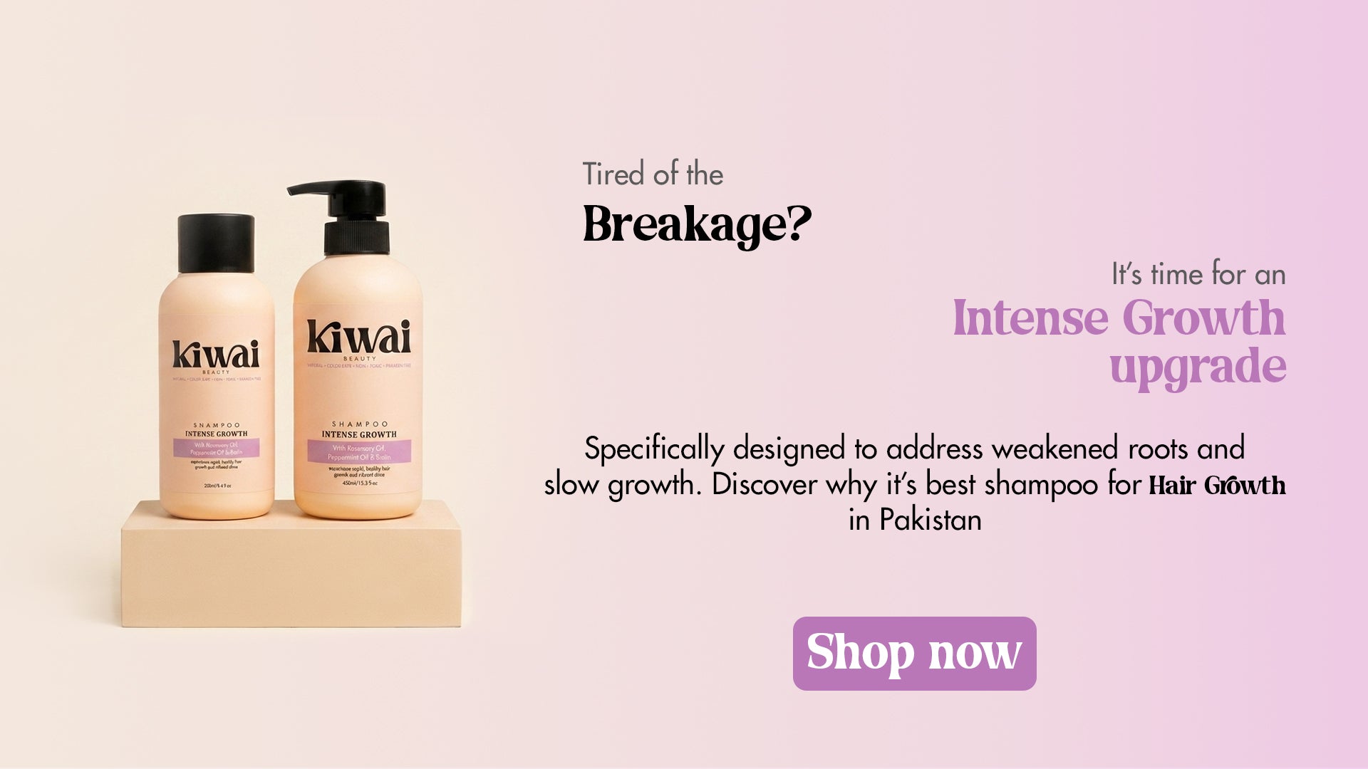 Kiwal shampoo bottles on a beige platform with promotional text on a pink background